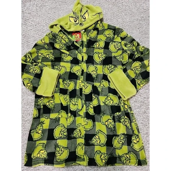 Dr Seuss The Grinch Hooded Plush Robe Green Black Buffalo Plaid L/XL New no belt