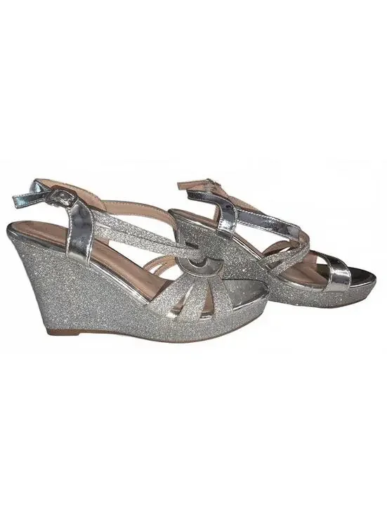 Forever Silver Glitter Wedge Sandals with Ankle Strap ~ size 7