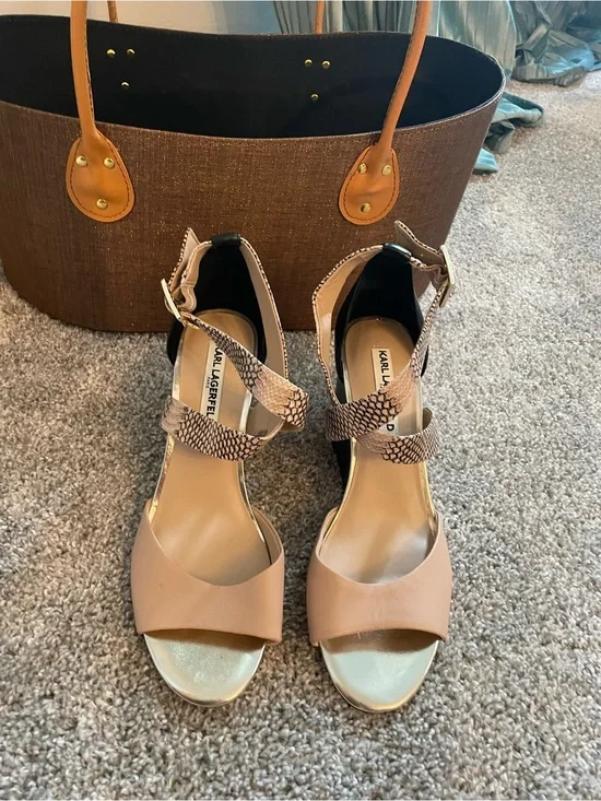 Karl Lagerfeld Tan & Black Strappy Heeled Sandals