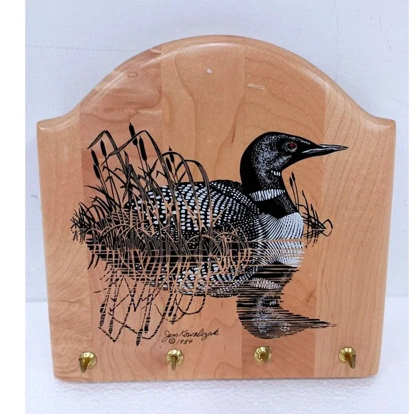 Vintage Loon Key Rack Wildlife Wood Hand Made Cabin Decor 1984 Jim Kowalczak