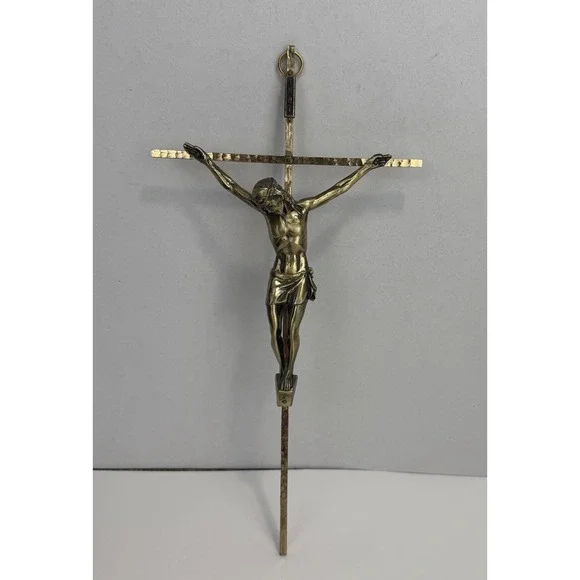 Vintage Gold Brass Tone Metal Wall Hanging Crucifix INRI Cross Jesus 10