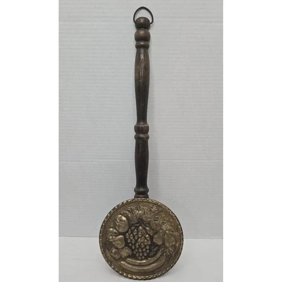 Brass And Wood Wall Hanger Faux Bed Warmer Made in England Vintage See Pictures