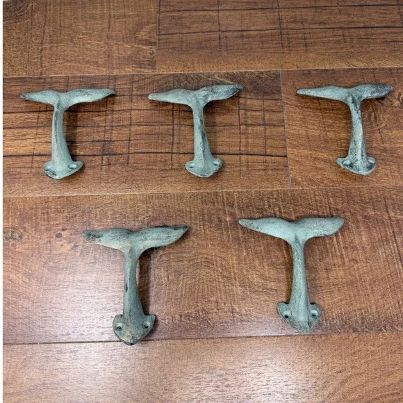 Set of 5 Cast Iron Whale Tail Wall Hooks Verdigris Coastal Green Nautical
