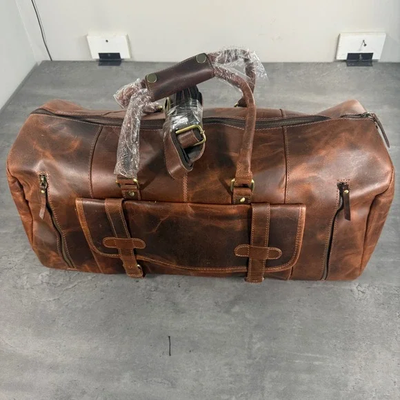 Denver Leather Craft Rio Duffel Men Large Brown Leather Shoe Compartment Travel
