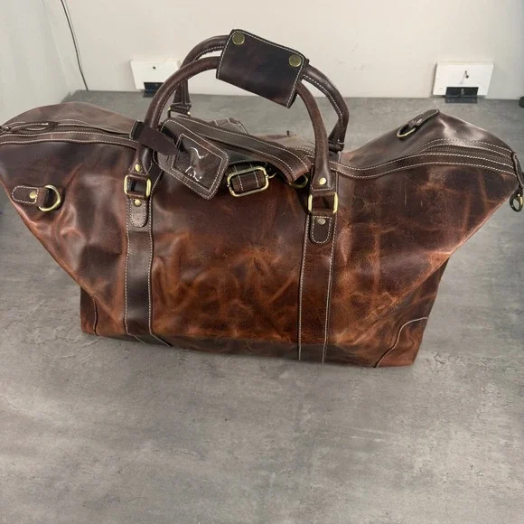 Denver Leather Craft Duffel Bag Mens Brown Distressed Weekender Travel Luggage