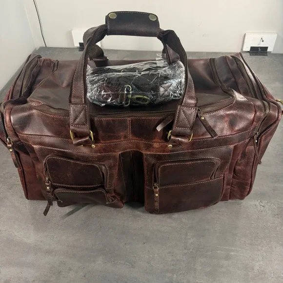Denver Leather Craft Buffalo Duffel Large Brown Distressed Travel Weekend Bag