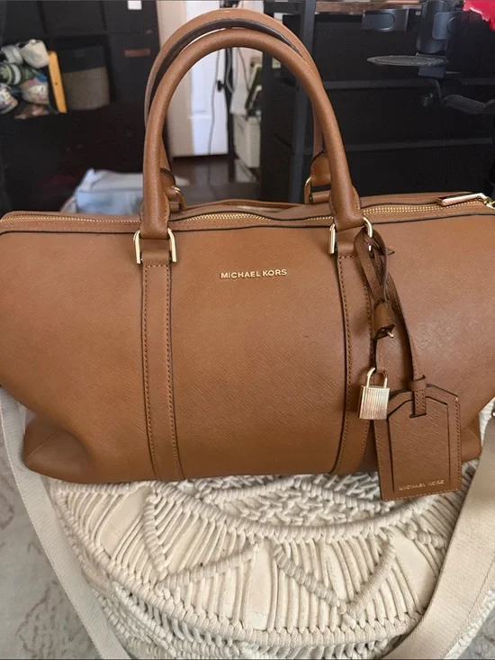 Michael Kors Brown Leather Duffel with Gold Hardware