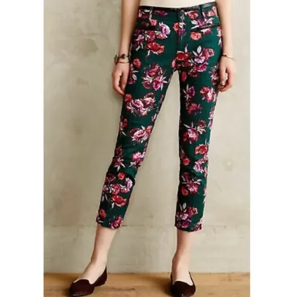 Anthropologie Cartonnier Floral Charlie Trouser Ankle Pants Green Womens 8 FLAW
