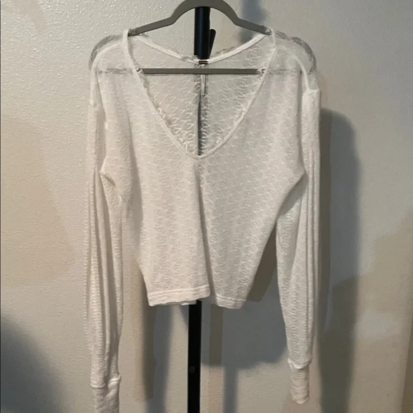 Free People White Sheer V-Neck Long Sleeve Top