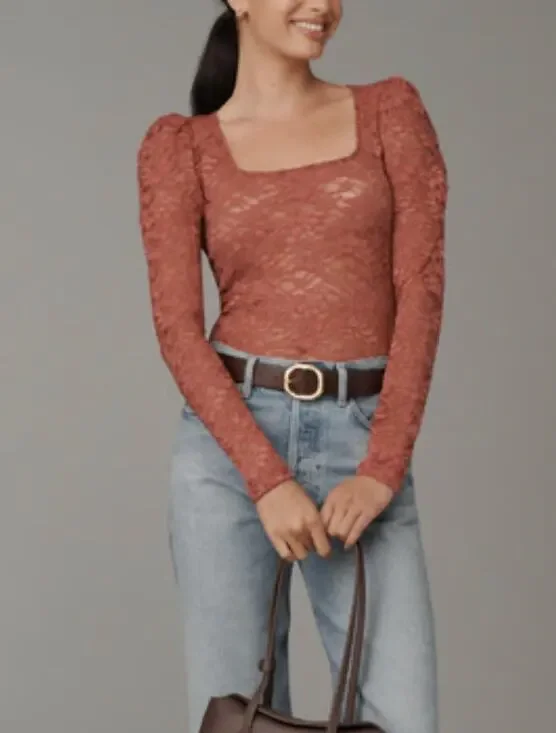 Anthropologie Puff-Sleeve Sheer Lace Top - Size XXS