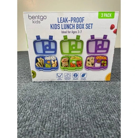 Bentgo Kids Leak-Proof 5-Compartment Lunch Box Set 3 Pack Blue Green Purple NEW