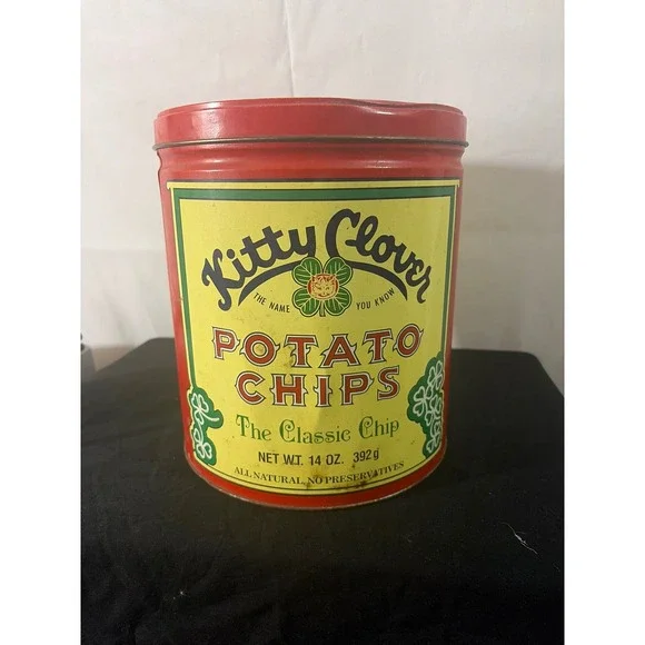 Kitty Clover Potato Chips Tin Vintage 1983 Red 14oz Good Condition Advertising