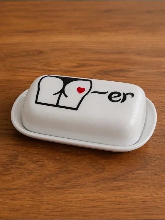 White hard plastic Butter Dish with Playful Graphic