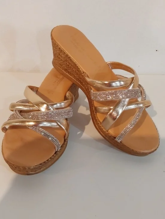 Fabio Maggenti|Wedge Slide Sandals in Metallic Gold/Silver Bling Slip On Sz.7.5