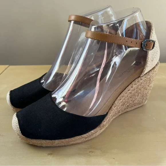 White Mountain Wedge Espadrille Ankle-Strap Sandals - Black/Tan