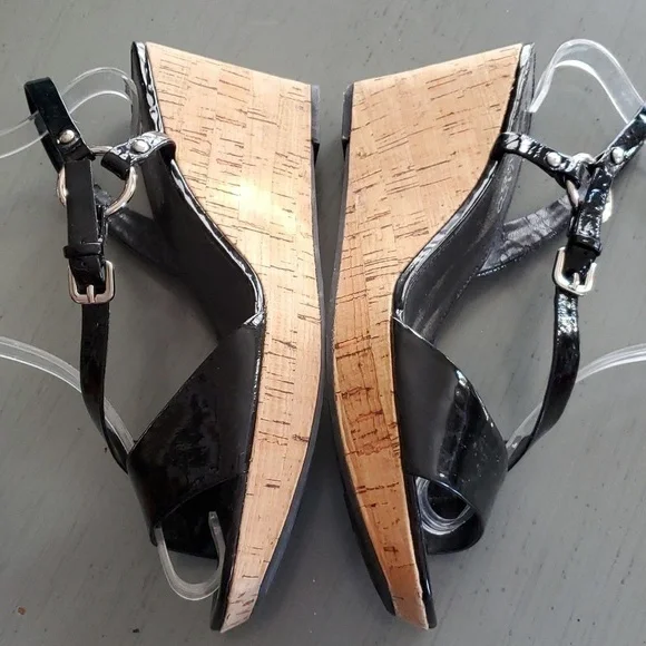 Franco Sarto|Womens  Black/ Cork Strappy Wedge Sandal Heels Evening Office Sz.8
