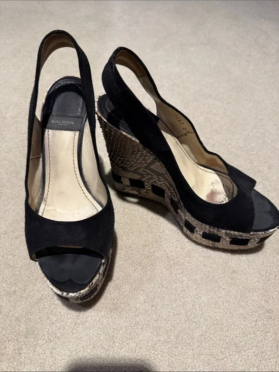 Baldan Black Suede Peep-Toe Wedge Sandals