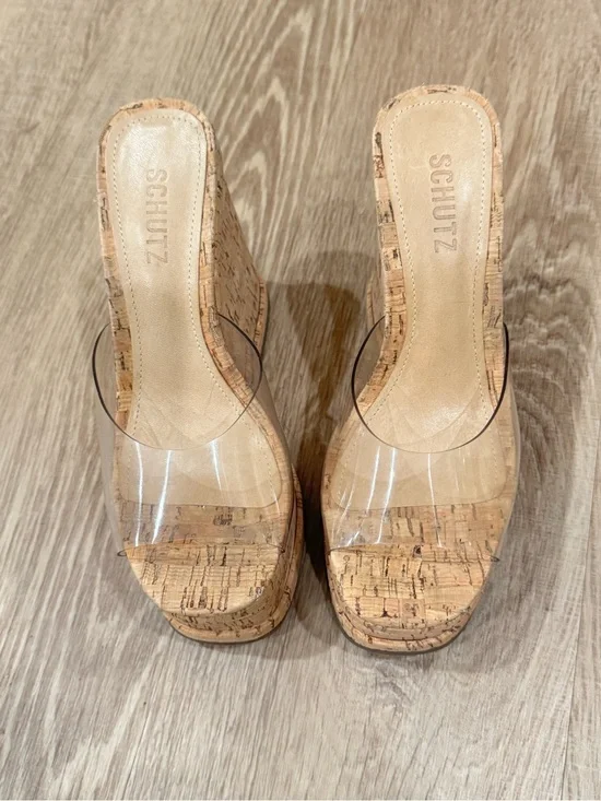 Schutz Dalle Clear Vinyl Cork Platform Wedge Sandals NWOT Women’s 6.5B