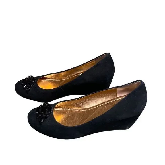 BCBG Black Suede Jeweled Wedge Size 7.5
