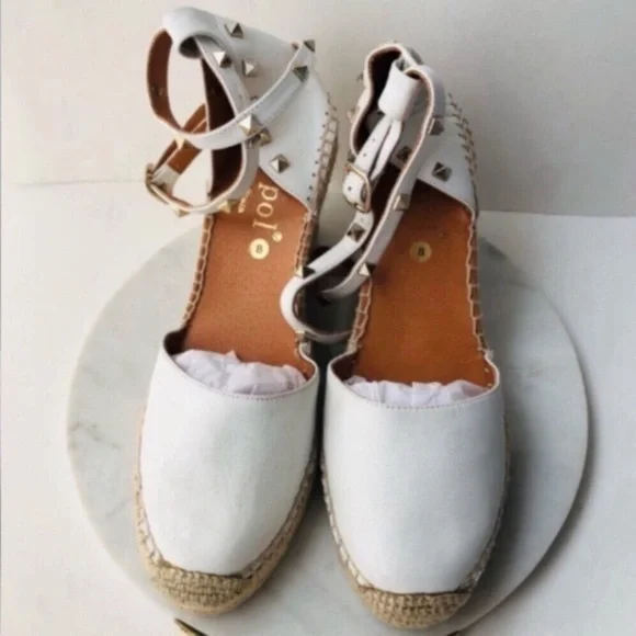Maypol White Leather Wrap Espadrille Wedges