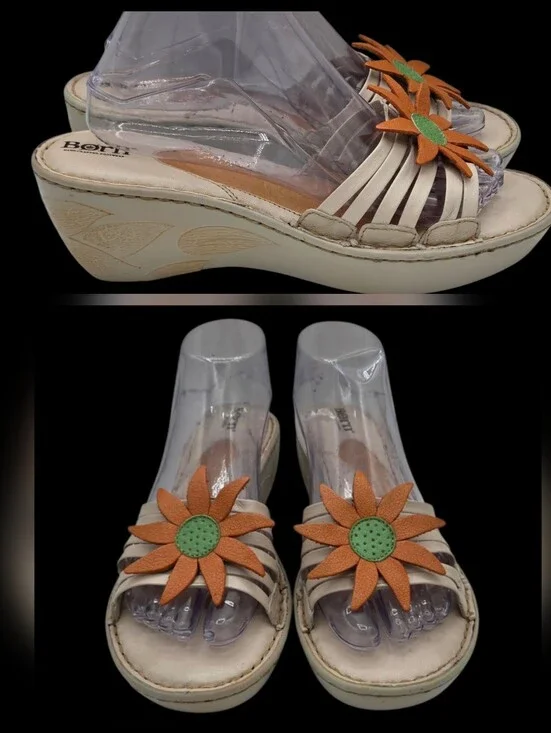 Y2k Born Sandals Cream Leather Wedge Orange Green Flower Applique Whimsical  7.5