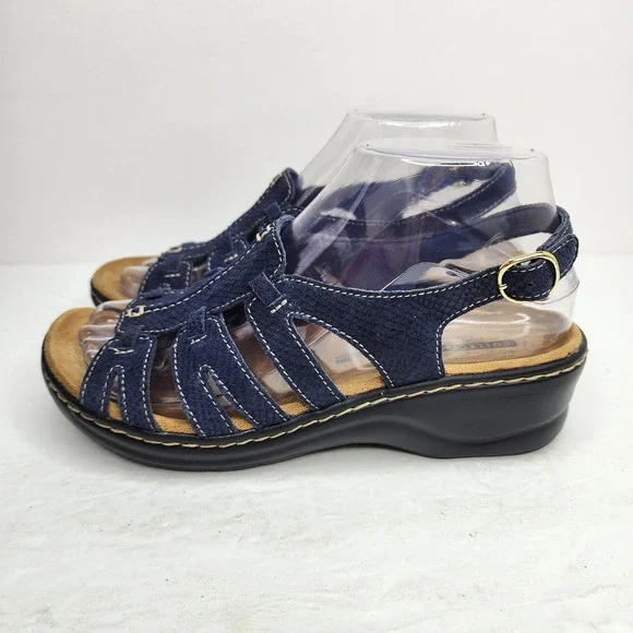 Clarks Collection Wedge Sandals Womens 6.5 Navy Blue Snakeskin Strappy Slingback