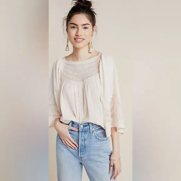 Anthropologie eyelet bell sleeve peasant top