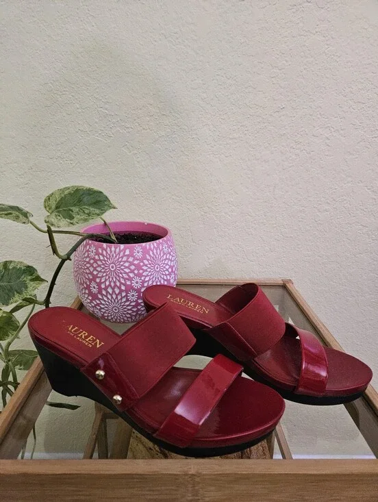 Ralph Lauren Rhianna Red Strap slide Wedge Sandal Sz 6.5b
