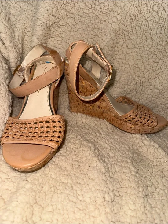 Jessica Simpson Women's Woven Ankle-Strap Cork Wedge Sandals - Tan