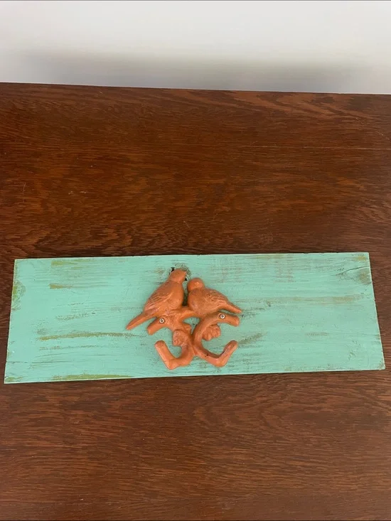 Rustic Minty color Wall Hook wood Panel with Orange Bird Hooks