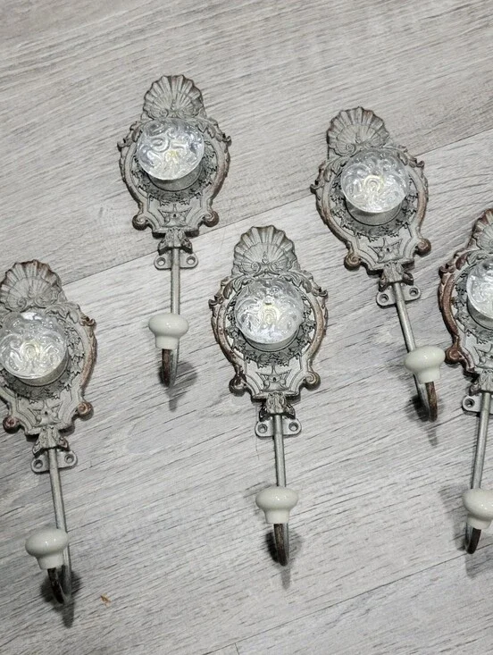 Boho Chabby Chic Home Decor Wall Hooks Set of 5 Metal Glass 8