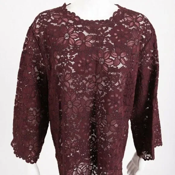 Zara Womens Lace Blouse Shirt Top XS Floral Burgun