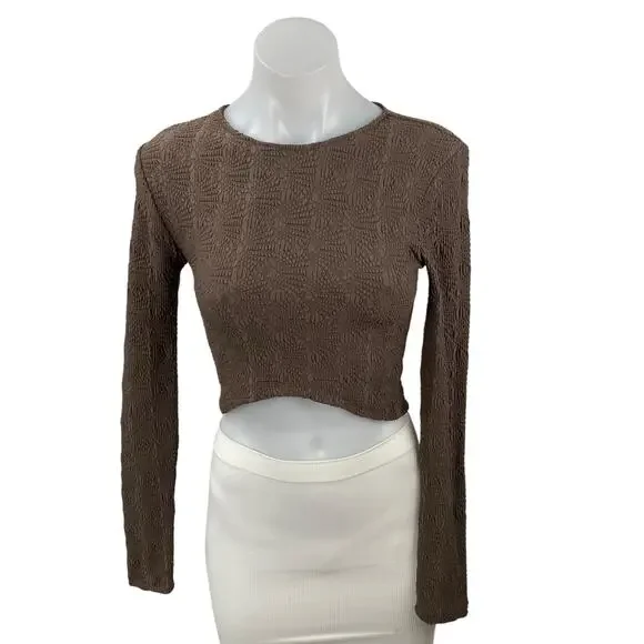 Zara Women's Brown Embossed Textured Long Sleeve Knit Round Neck Crop Top Size M