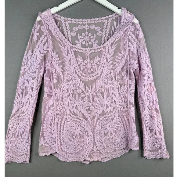 Lace Top Womens L Lavender Purple Sheer Floral Boho Long Sleeve Ethereal Fairy
