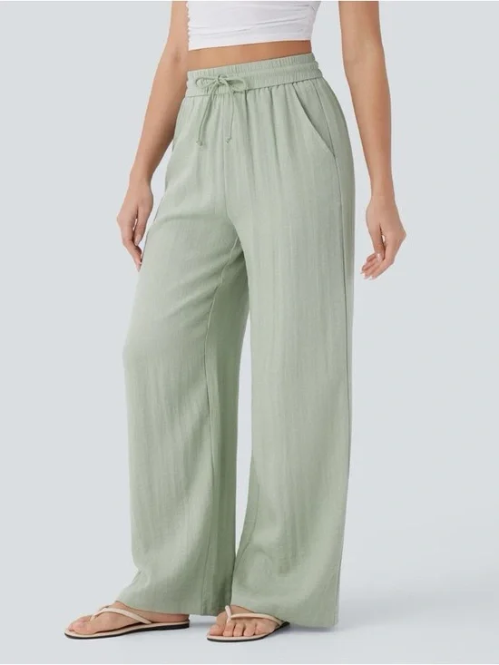 HALARA NWT M High Waist Drawstring Pocket Wide Leg Baggy Casual Linen-Feel Pants