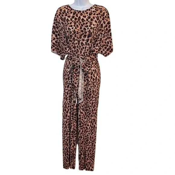 ASOS Leopard Print Wide Leg Jumpsuit Kimono Sleeve Tie Waist Women's US 8‎