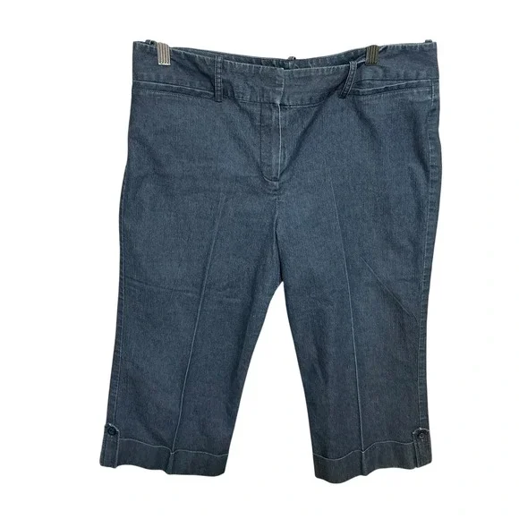 Larry Levine Stretches Denim Capri Pants Womens Size 12 Blue Buttoned‎ Cuffs