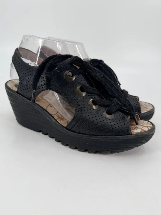 Fly London Ylfa Lace Up Wedge Open Toe Shoes 39