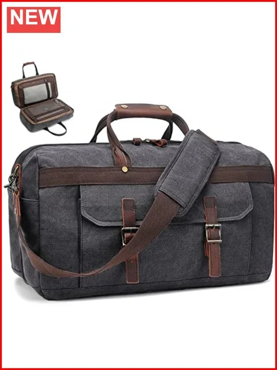Waterproof Genuine Leather Canvas Travel Duffel Bag Weekender