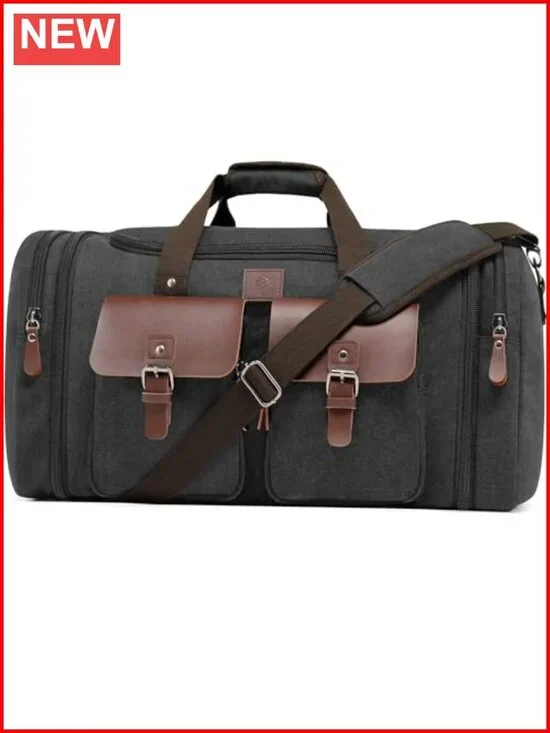 Canvas Duffle Bag 50L Expandable Genuine Leather Travel Overnight Weekender