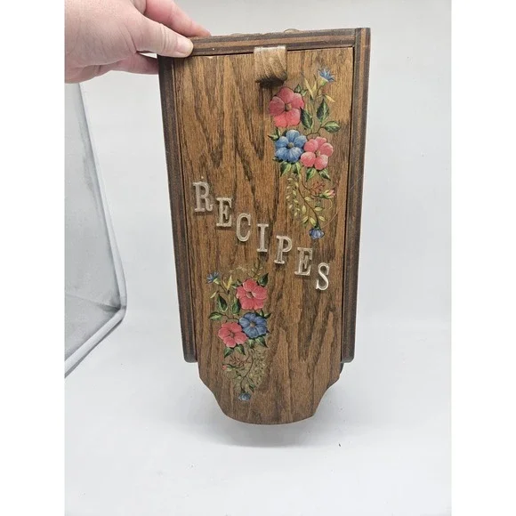 Vintage Wall Mounted Wooden Recipe Box w Fold-out Door