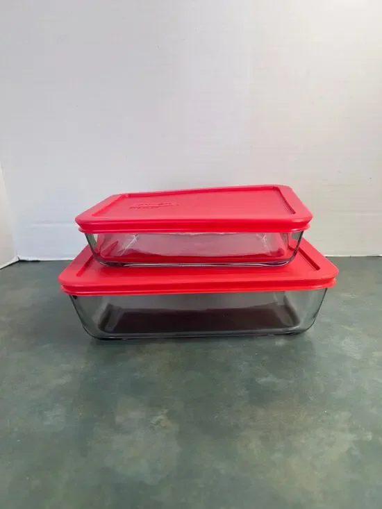 Pyrex 3 Cup & 6 Cup Glass Storage Containers w/ Red Lids USA 7210-PC Set of 2