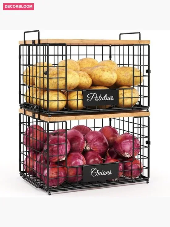 2 Pack Stackable Wire Baskets with Wooden Tops & Tags for Kitchen Pantry Storage