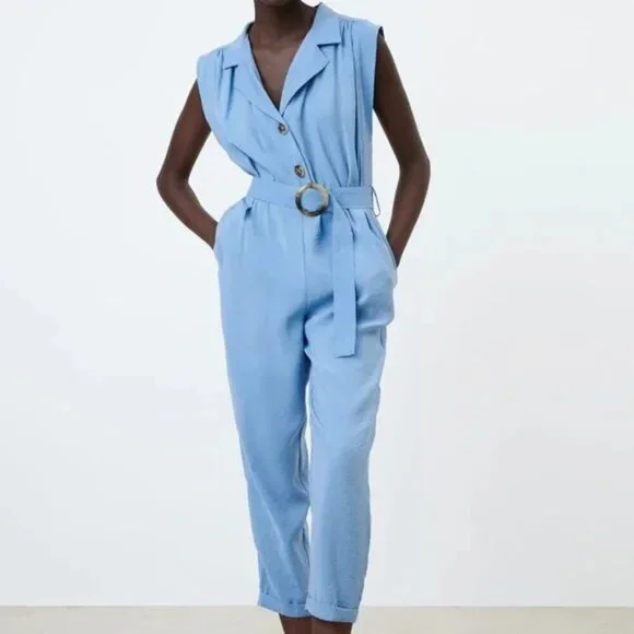 Zara Sleeveless Belted Jumpsuit Stylish Chic Preppy Coastal Boho Classy XL