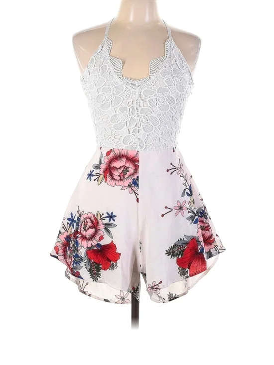 SHEIN White Crochet Halter Floral Romper with Pink & Red Print