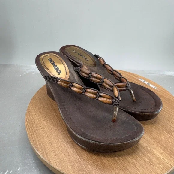 Bongo Wedge Platform Sandals Brown Beaded Y2K Boho Bohemian Summer Thong Heels
