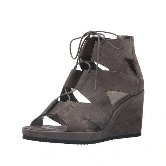 EILEEN FISHER DIBS GREY SUEDE LEATHER LACE-UP WEDGE SANDALS