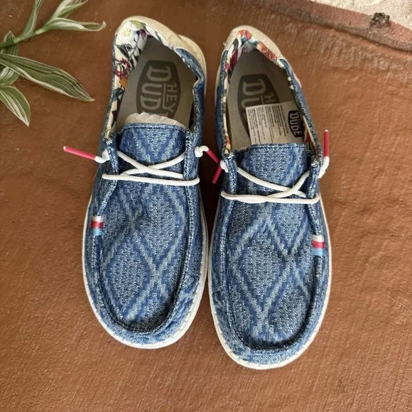 HEY DUDE Wendy Boho Aztec Women's Slip On Shoes Tru Blue US 6