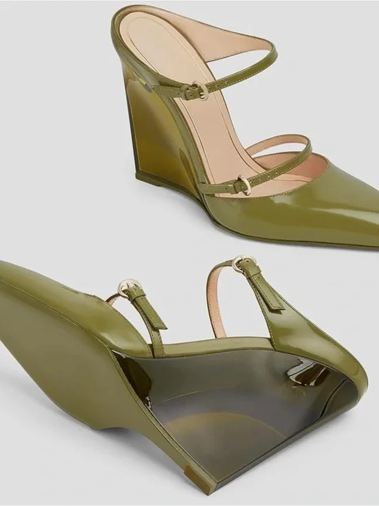 Olive Patent Mary Jane Wedge Heels with Strappy Buckles