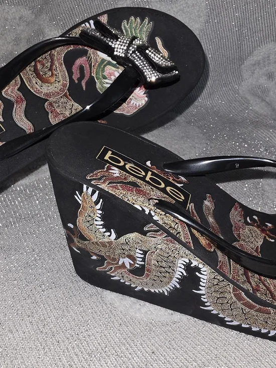 bebe Y2k Black Jeweled Dragon Wedge Flip Flops
